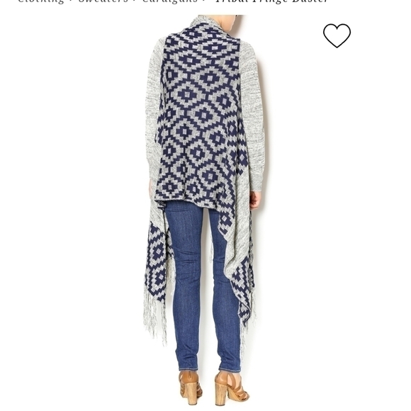 VINTAGE HAVANA TRIBAL FRINGE DUSTER NAVY & GRAY, SZ LARGE - Picture 4 of 14